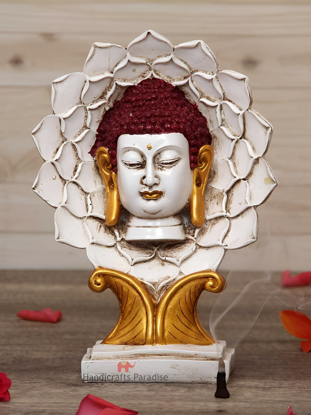 HANDICRAFTS PARADISE Buddha Face White Polyresin Natural Living Room Hand-Crafted Medium Showpiece - 10 Inches