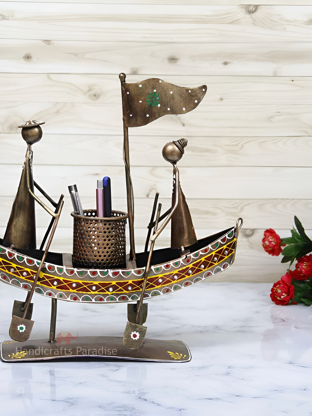 HANDICRAFTS PARADISE Boat Pen Holder Brown Metal Metallic Living Room Medium Showpiece - 13 Inches