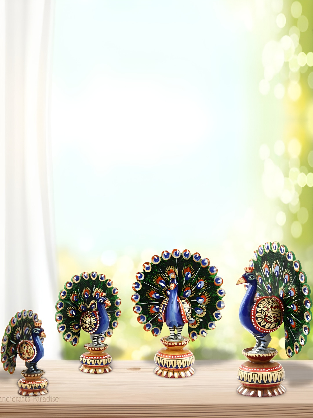 HANDICRAFTS PARADISE Dancing Peacock Blue Wood Natural Living Room Hand-Painted Set of 4 Medium Showpieces - 3.5 Inches