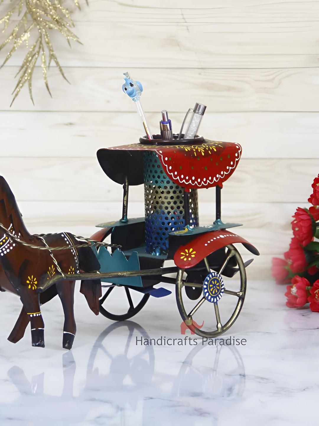 HANDICRAFTS PARADISE Horse Cart Pen Holder Red Metal Metallic Living Room Medium Showpiece - 13 Inches