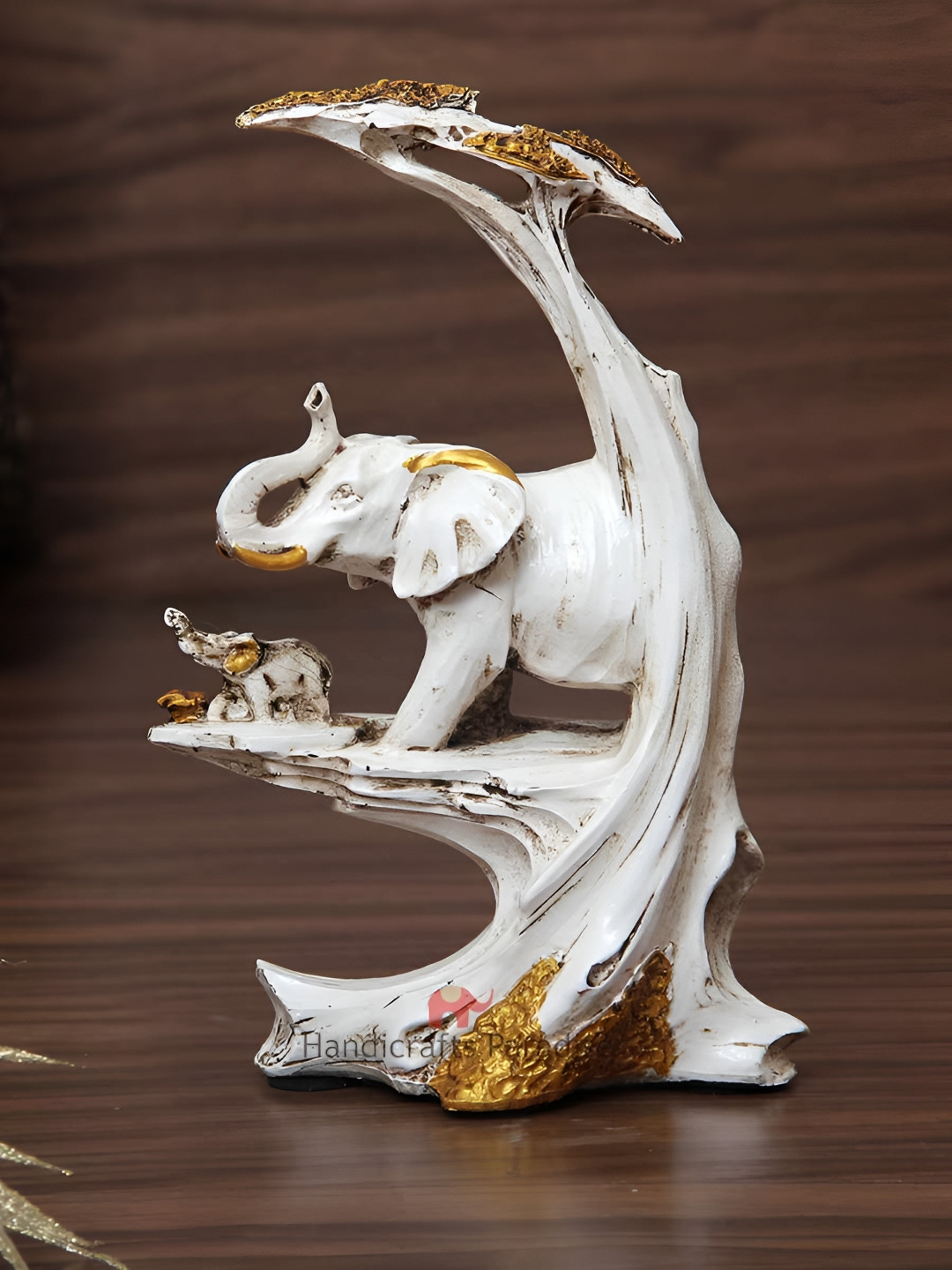HANDICRAFTS PARADISE Elephant with Baby and Tree White Polyresin Matte Living Room Small Showpiece - 8.5 Inches