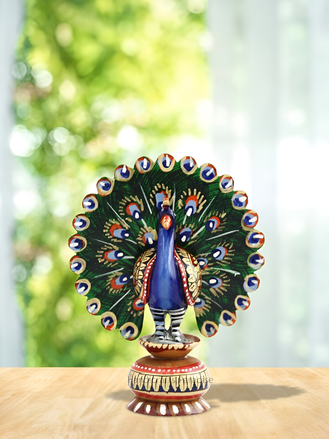 HANDICRAFTS PARADISE Dancing Peacock Blue Wood Natural Garden Hand-Painted Small Showpiece - 5.9 Inches