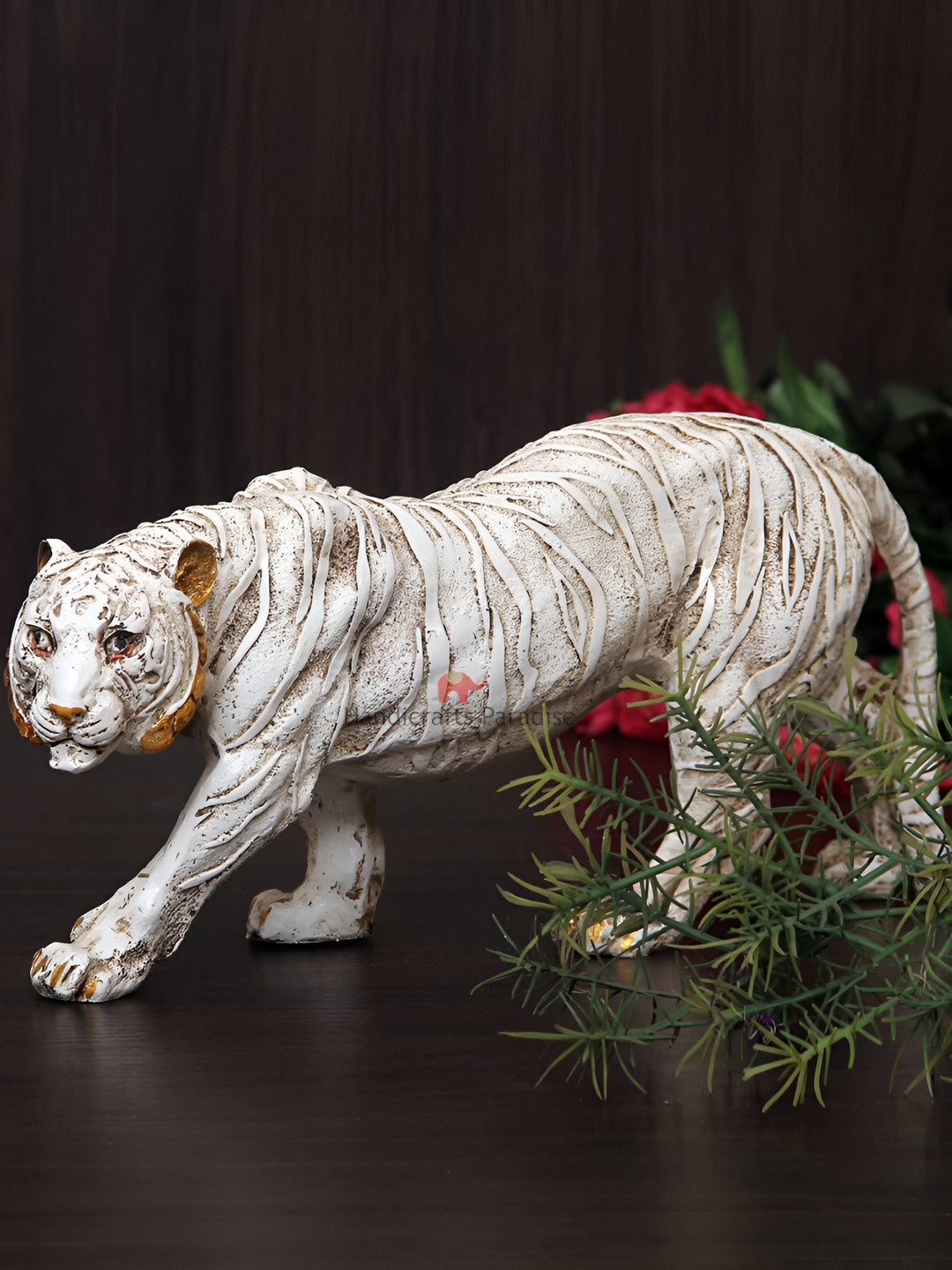 HANDICRAFTS PARADISE Antiquetiger Statue Walking Posture White Polyresin Glossy Living Room Medium Showpiece - 12.2 Inches