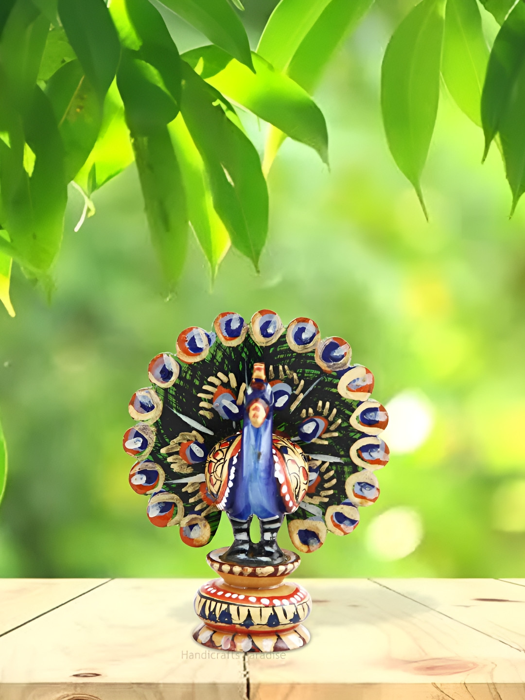 HANDICRAFTS PARADISE Dancing Peacock Blue Wood Natural Living Room Tiny Showpiece - 3.5 Inches