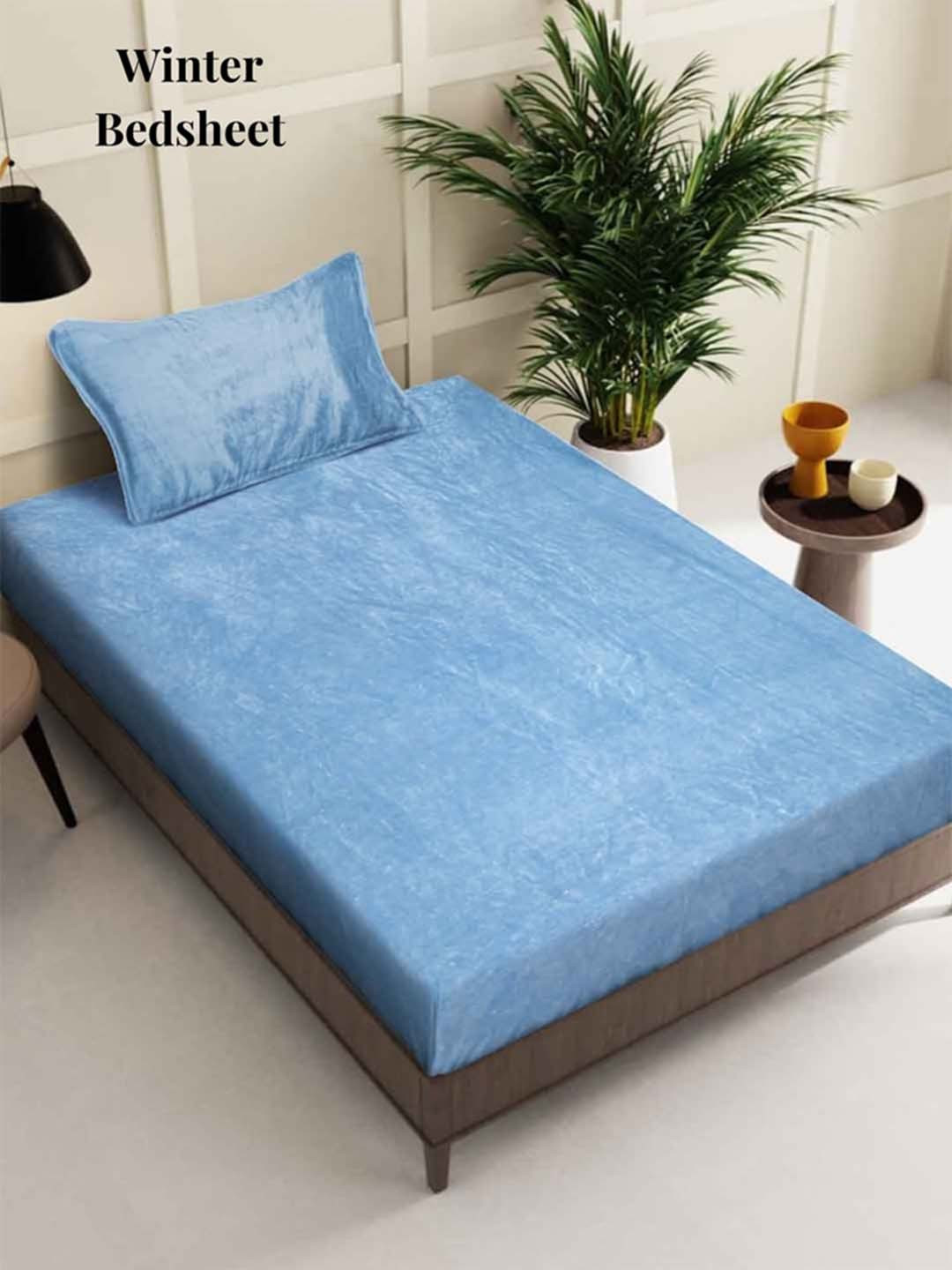 Arrabi Blue Wool 300 TC Single Fine Bedsheet with a Pillow Cover-85 x 59 inches