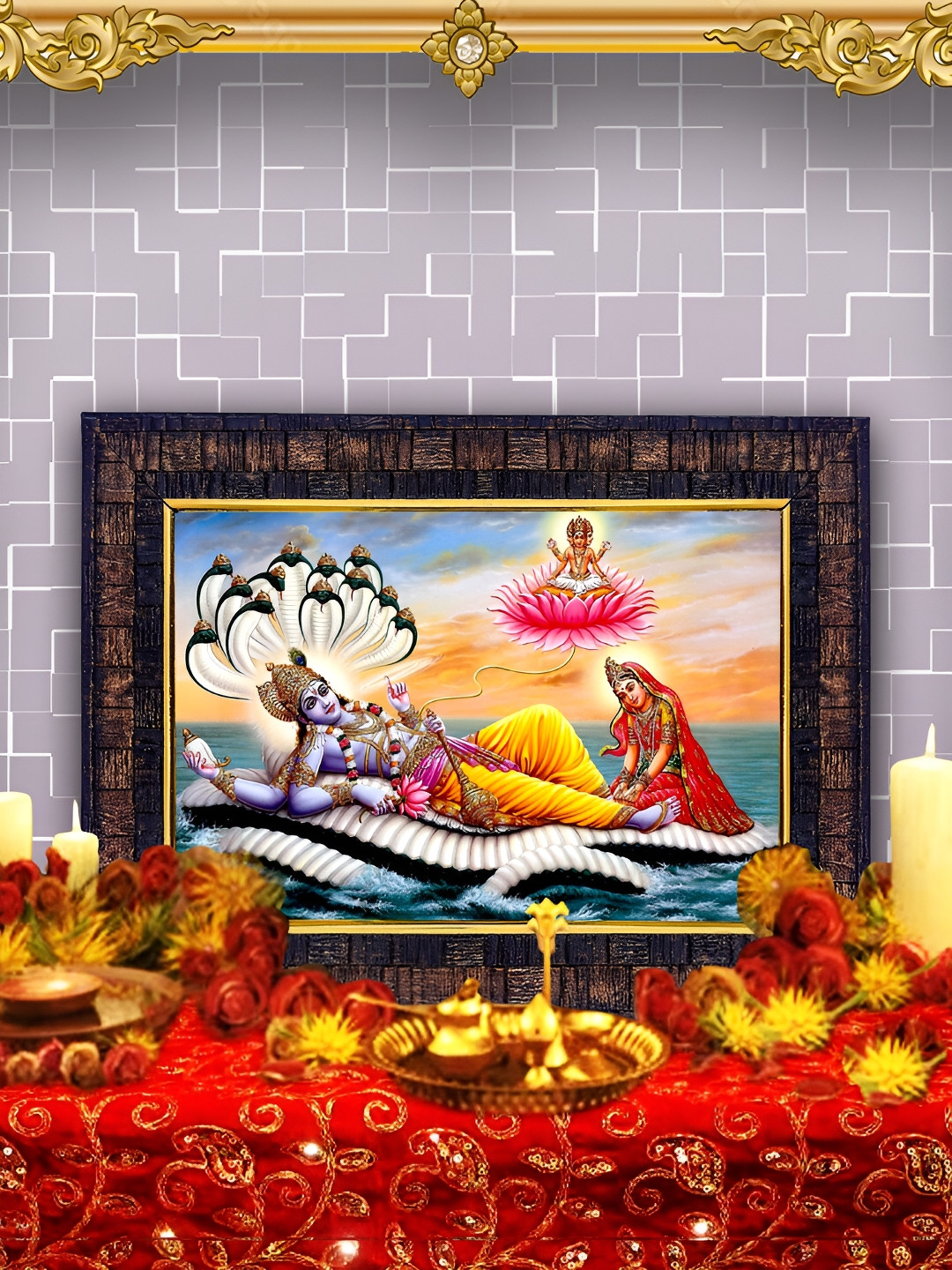 Hawai Black & Yellow Lord Bramha Vishnu Laxmi Mata Gold Plated Wooden Wall Photo Frame