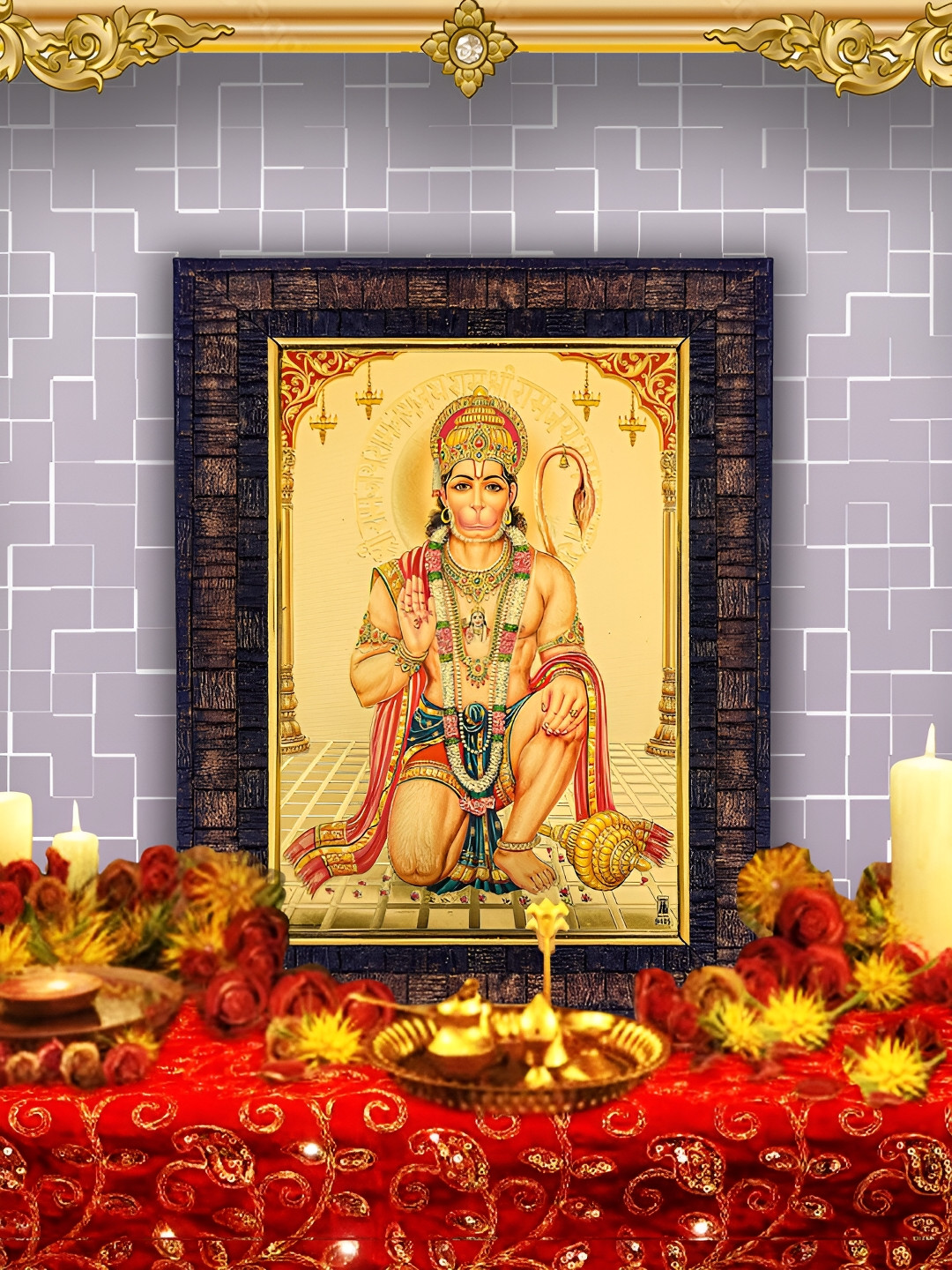 Hawai Black & Yellow Hanuman Ashirwad Gold Plated Wooden Wall Photo Frames