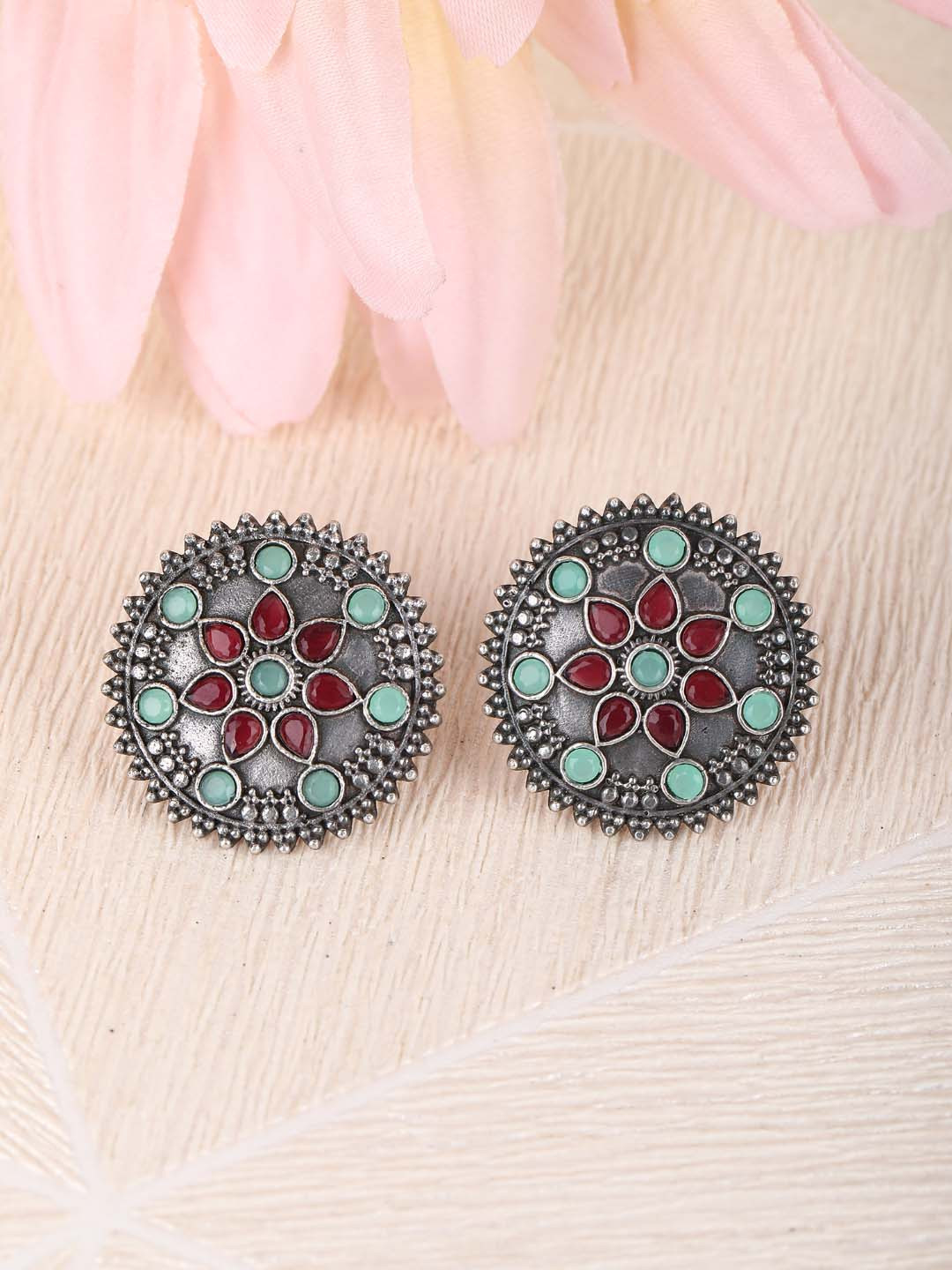 Sangria Silver-Plated German Silver Artificial Stones Studded Ethnic Stud Earrings