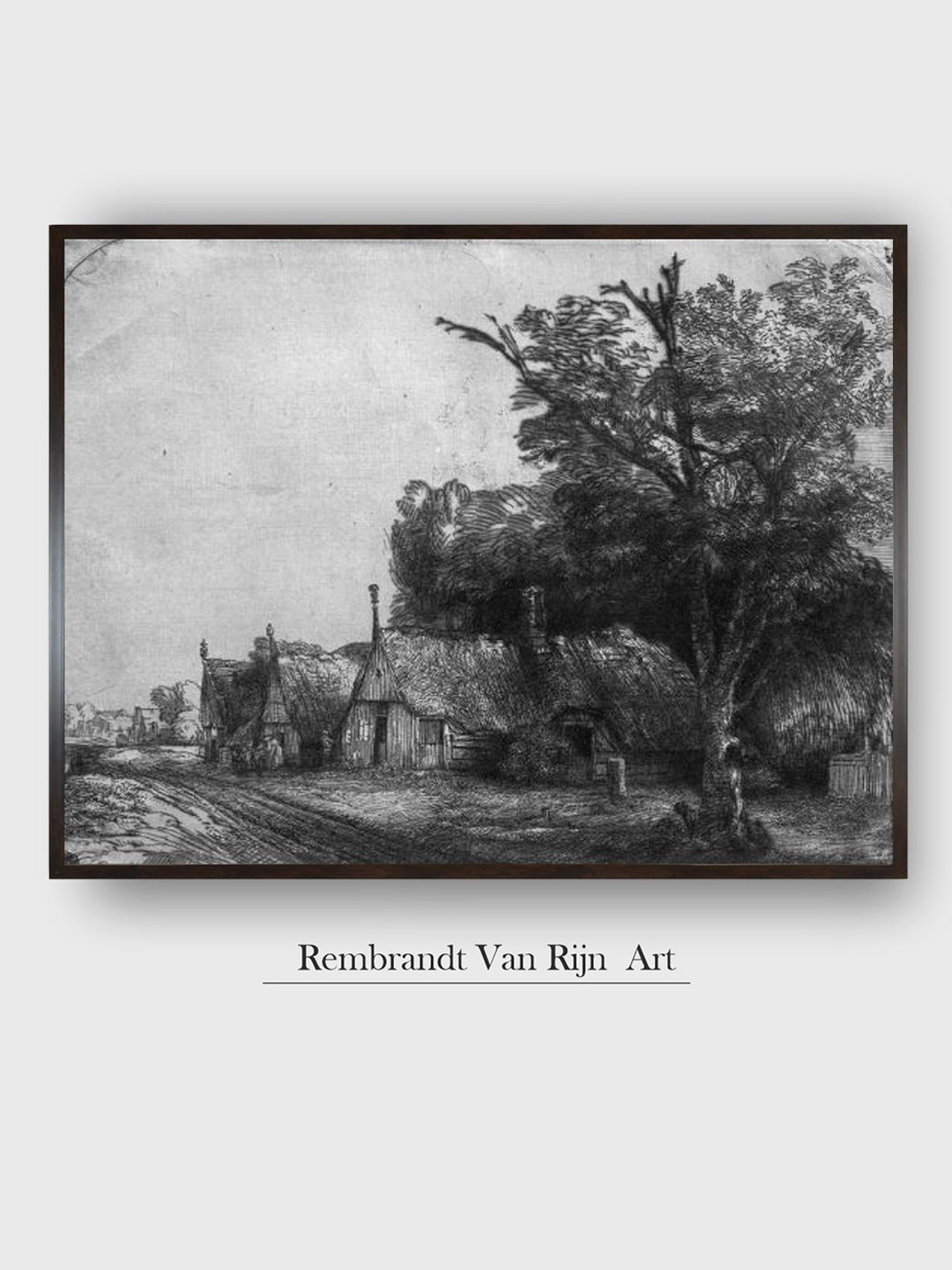 The Art House Grey & Black Landscape With Three Cottages Wooden Painting Wall Art