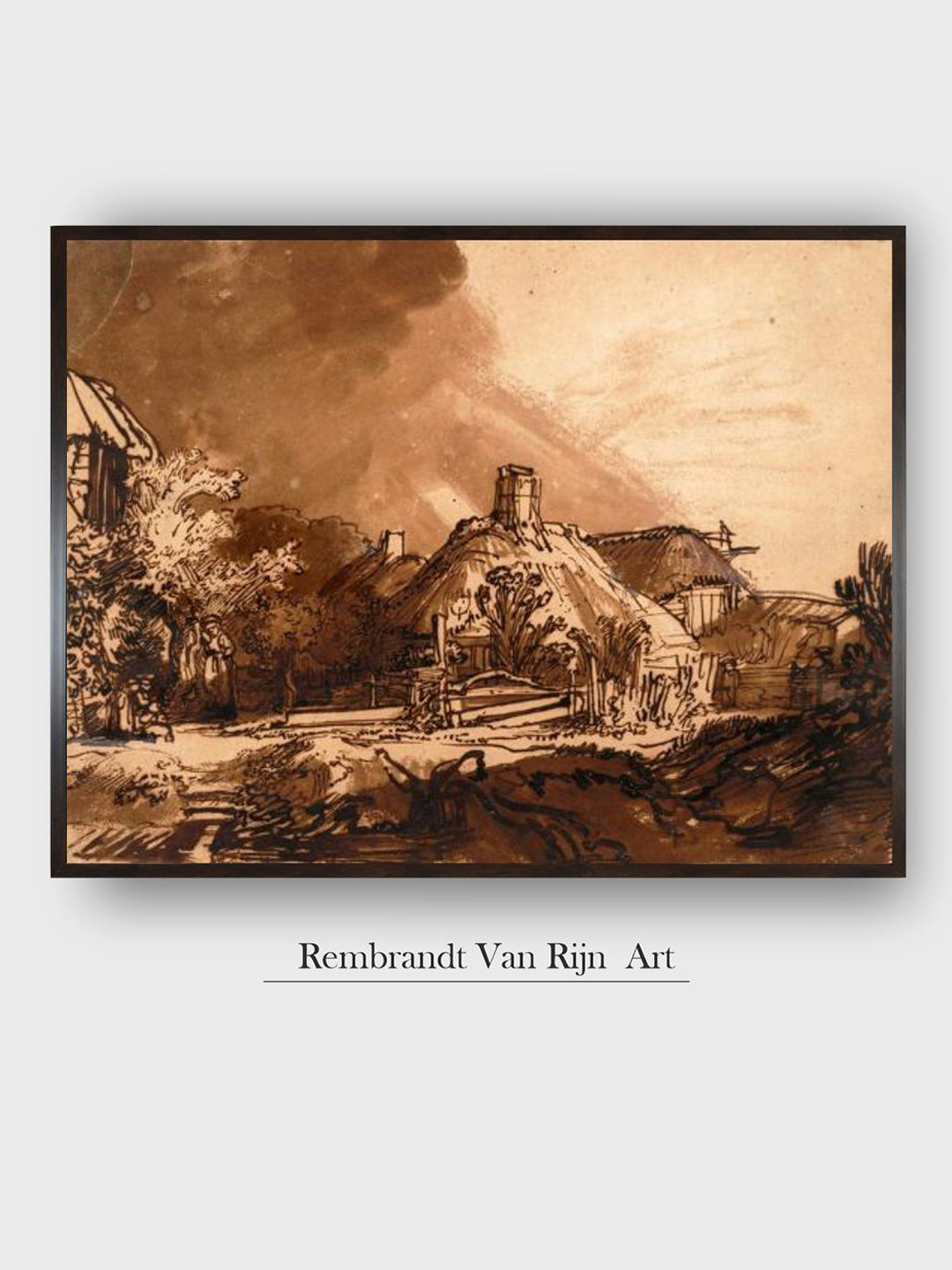 The Art House Brown & Black Cottages before a Stormy Sky Canvas Wooden Painting Wall Art