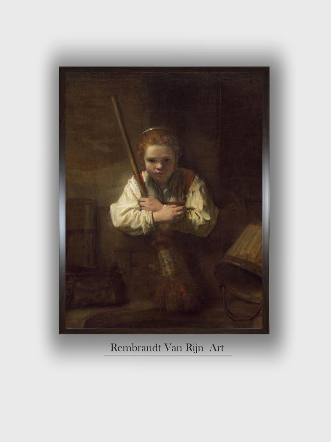 The Art House Brown & Beige A Girl With A Broom Printed Canvas Wooden Painting Wall Art