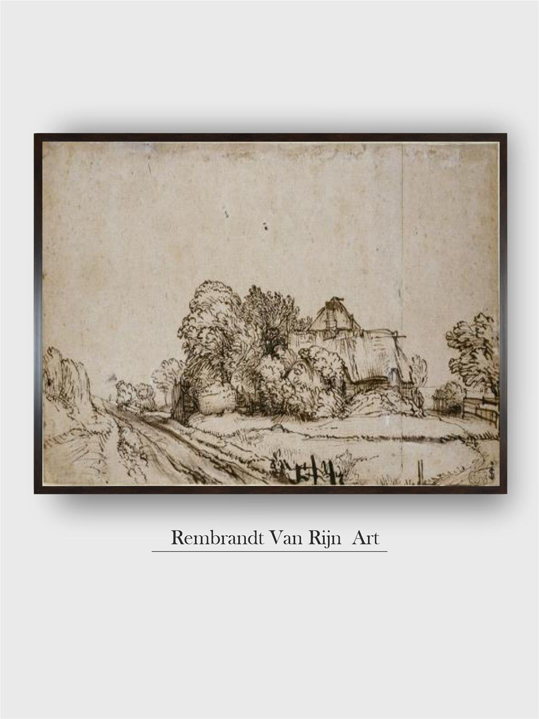 The Art House Black Farm Buildings Beside a Road Wooden Painting Wall Art