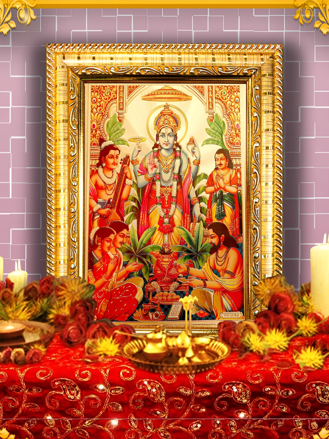 Hawai Gold-Toned & Red Hawai Sathya Narayanan Ji Gold Plated Wooden Wall Photo Frame