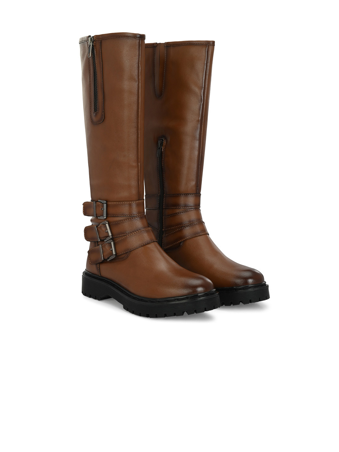 Delize Women High Top Knee Vegan Leather Platform Heel Regular Boots With Buckle Detail