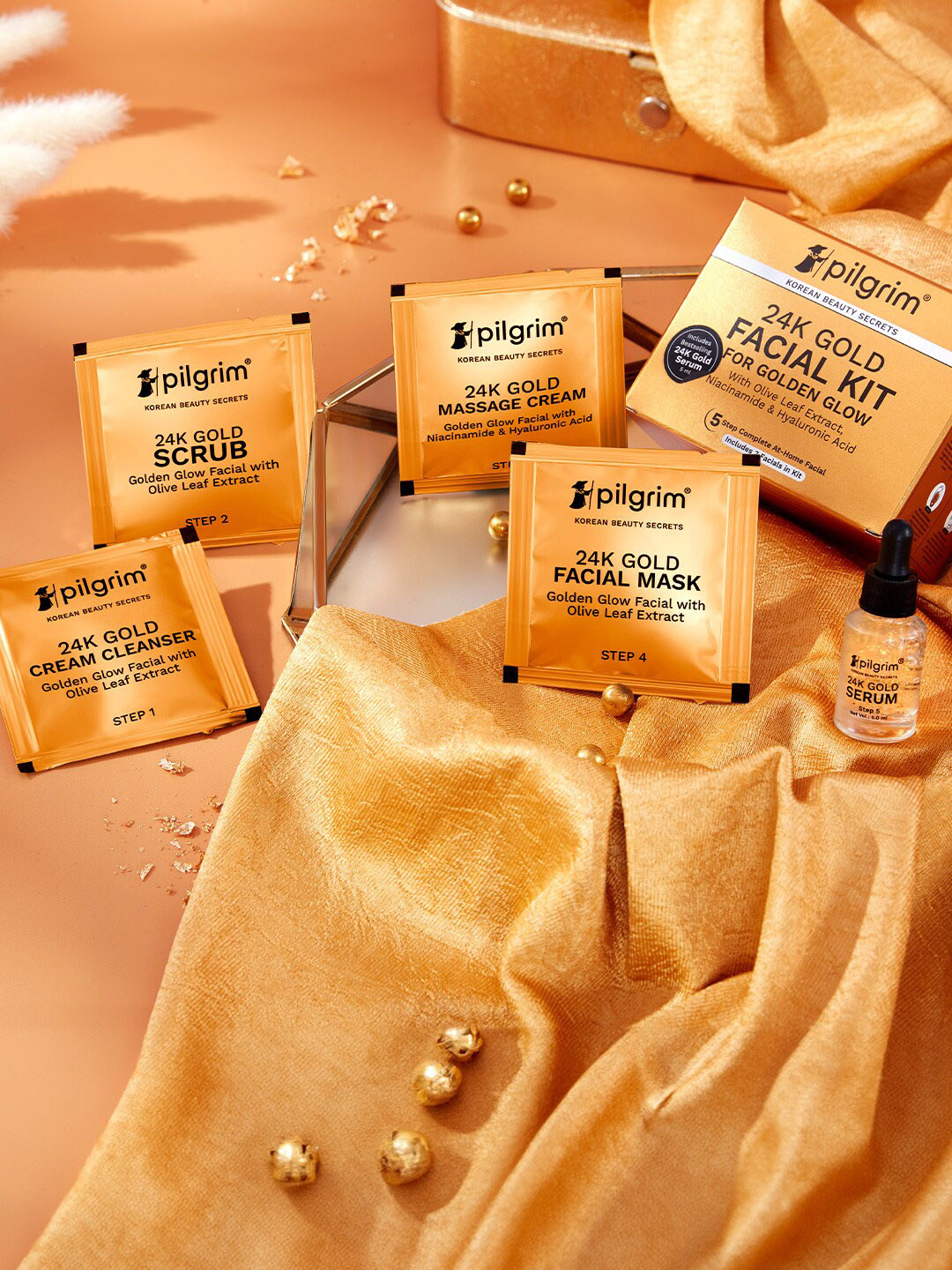 Pilgrim Set Of 5 24K Gold Cream Cleanser-Scrub-Massage Cream-Facial Mask-Serum Facial Kit