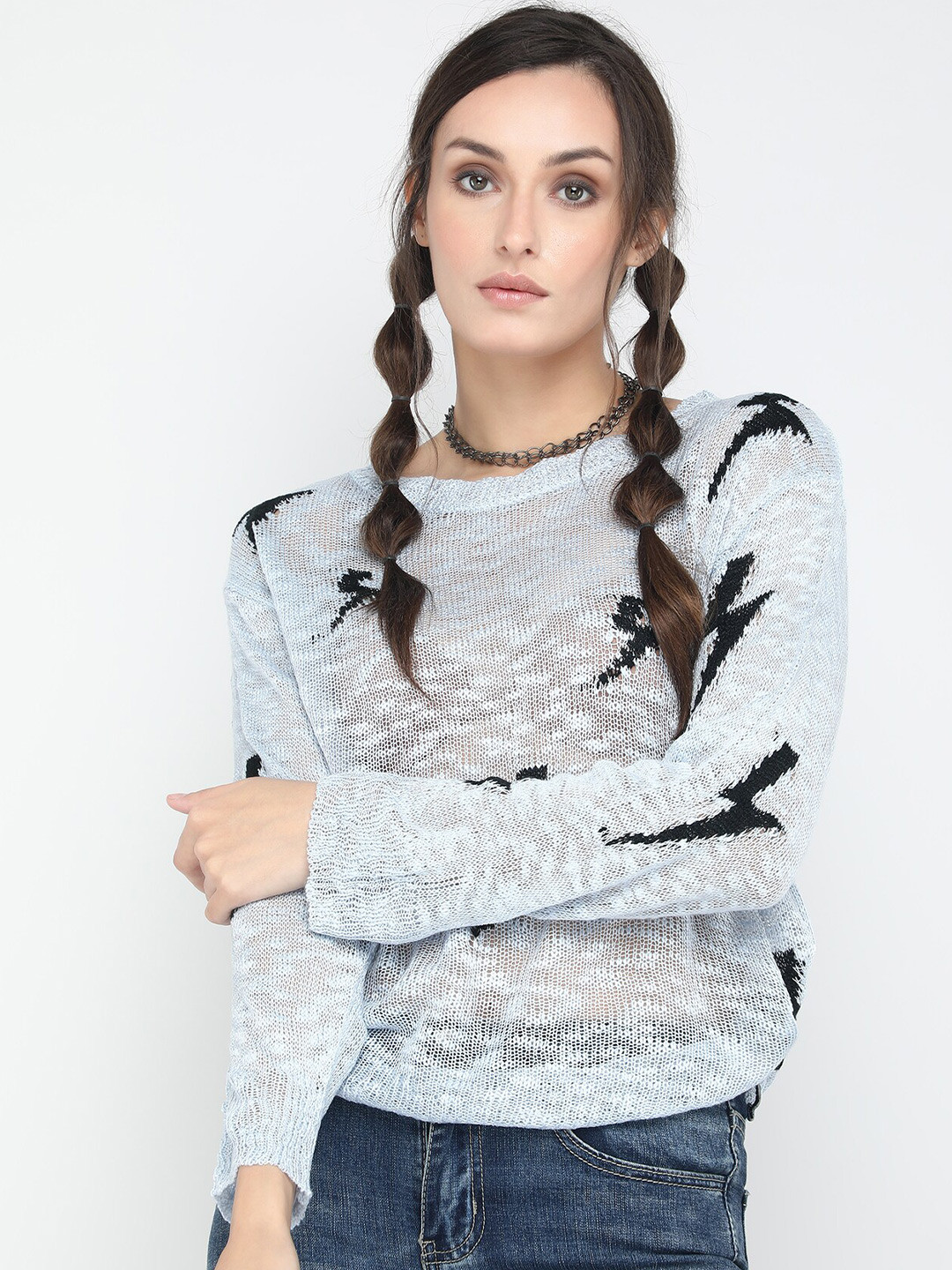 LULU & SKY Open Knit Self Design Drop-Shoulder Sleeves Pullover