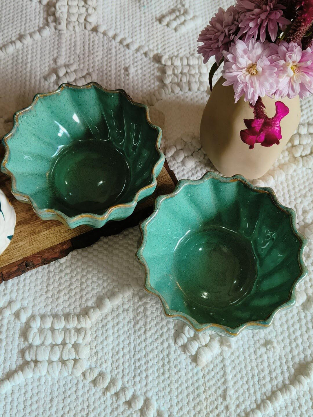 NIYARA Green 2 Pieces Ceramic Printed Ceramic Glossy Bowls