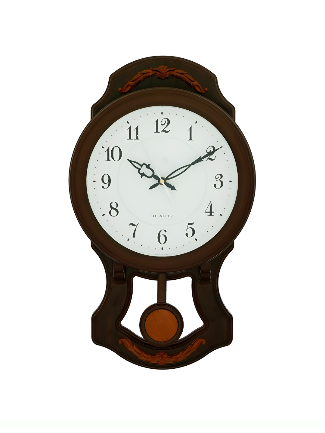 CHRONIKLE Brown & White Wooden Round Traditional Pendulum  Wall Clock