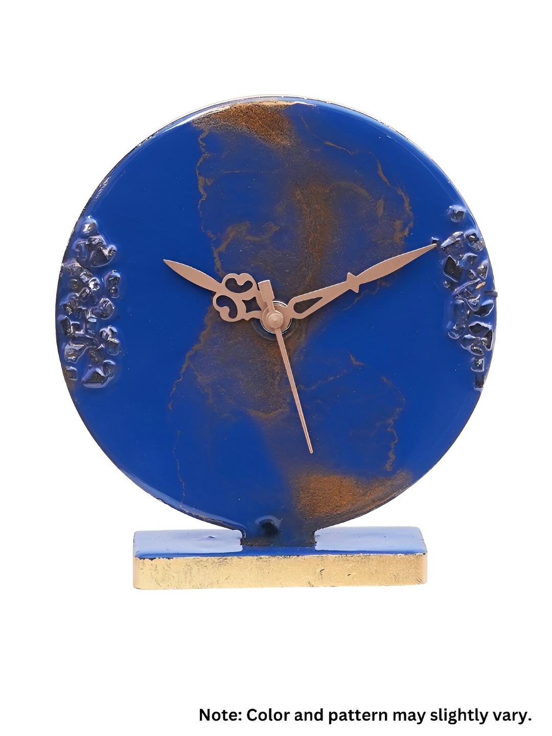 CHRONIKLE Blue & Gold-Toned Wooden Round Textured Contemporary Table Clock