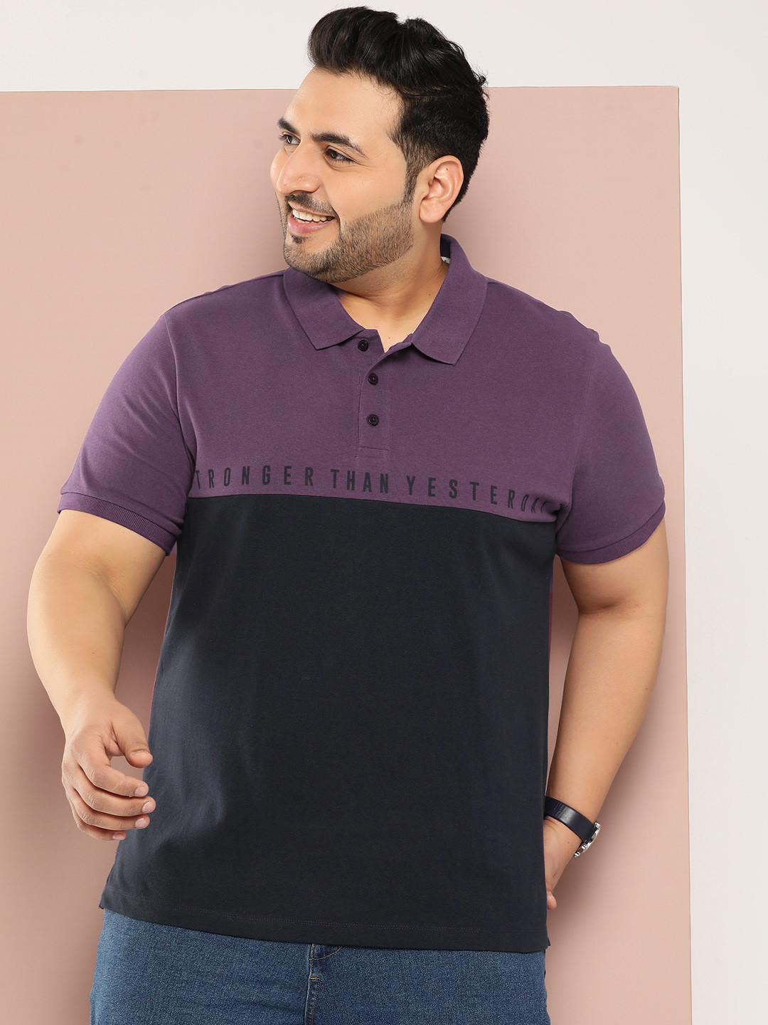 Sztori Men Plus Size Colourblocked Polo Collar Pure Cotton T-shirt