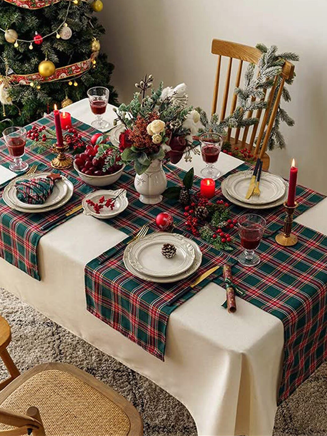 The Purple Tree Green & Red Checked Christmas Reactangular Table Runner