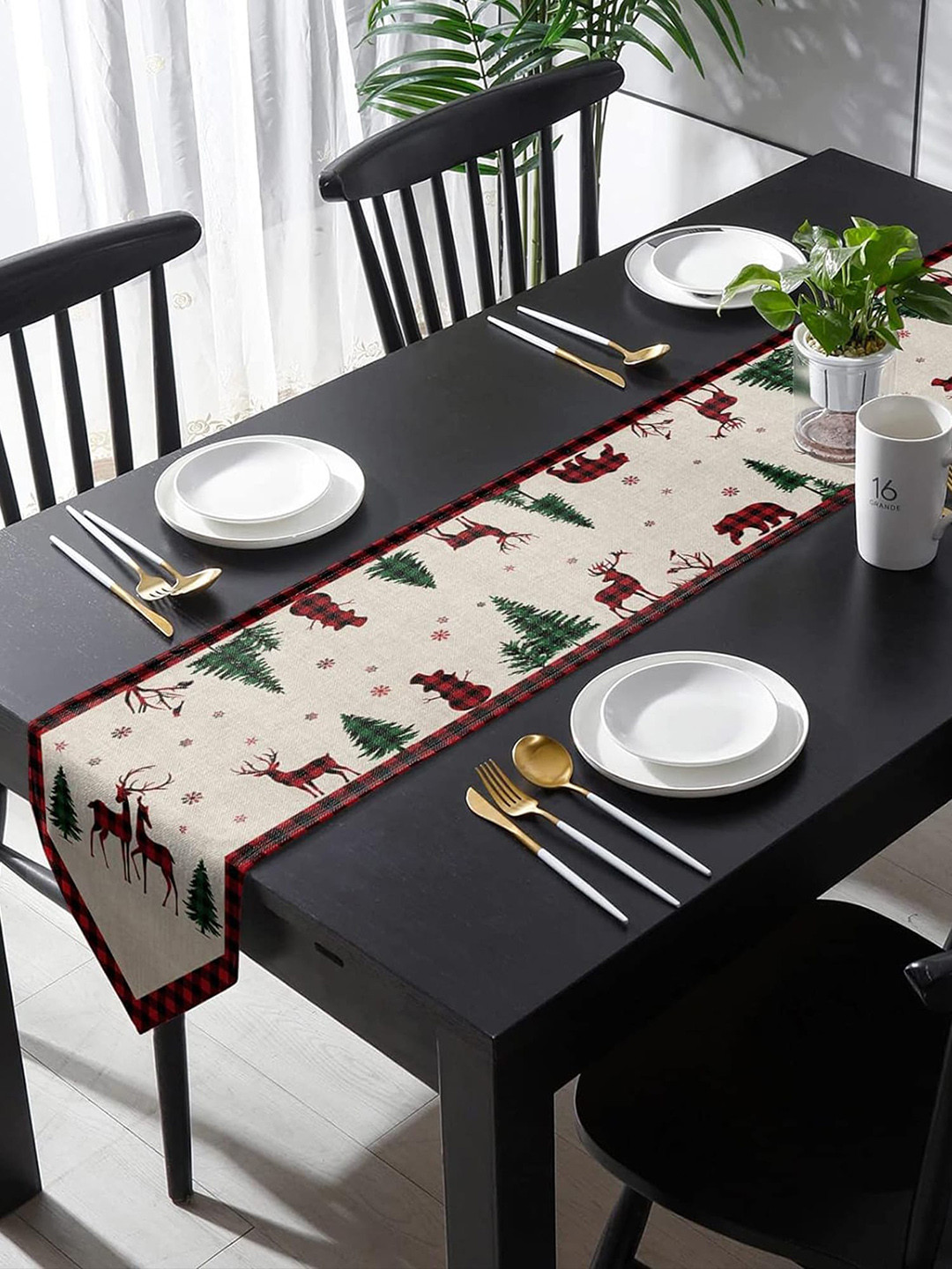The Purple Tree Beige & Red Christmas Printed Table Runner