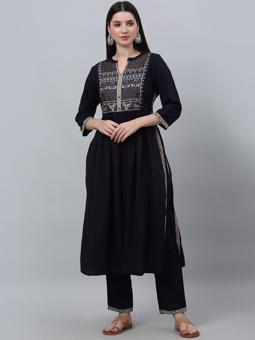 Cantabil Floral Yoke Design Mandarin Collar Pleated A-Line Kurta with Trouser