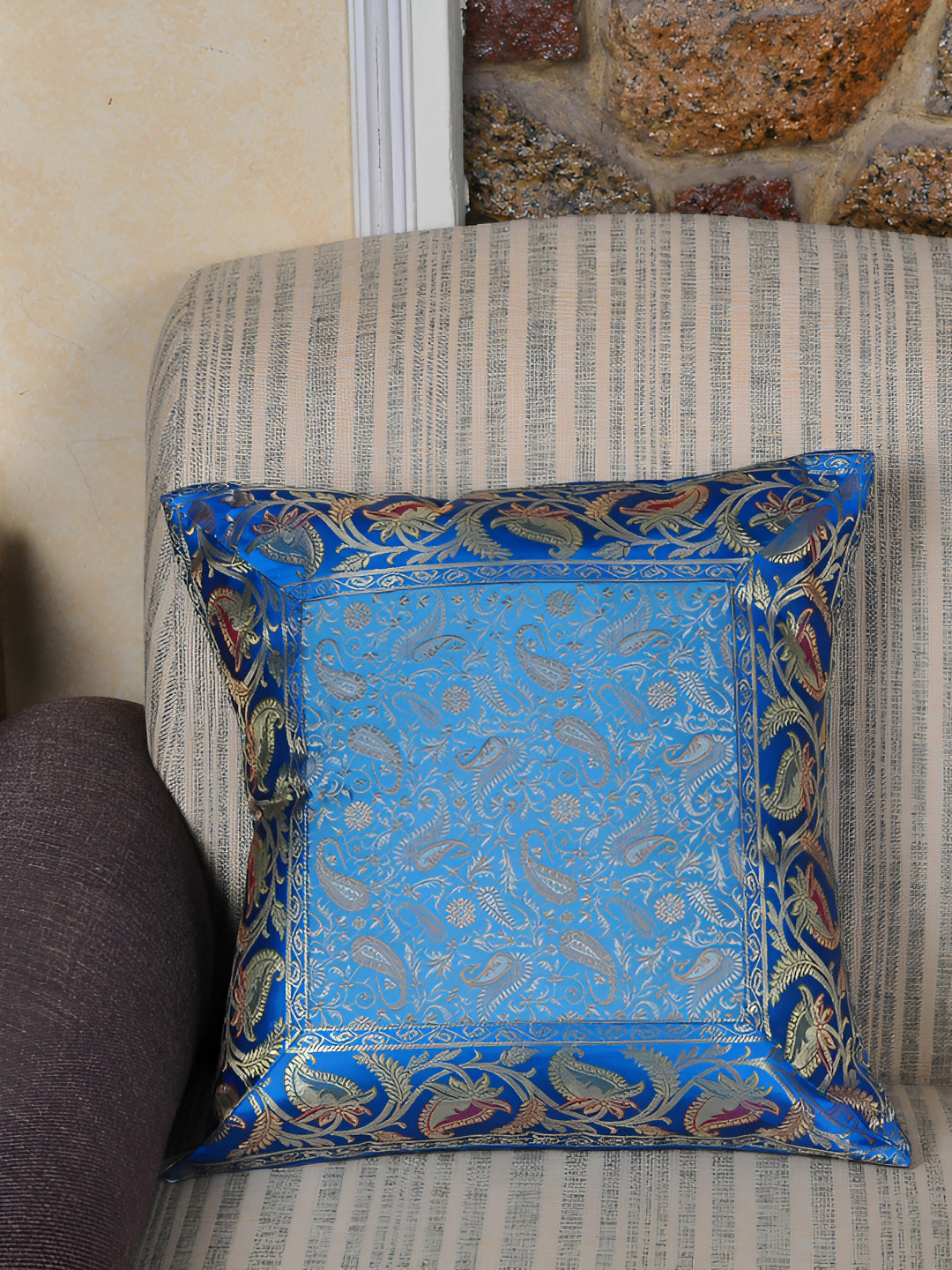 Lal Haveli Turquoise Blue Paisley Silk Washable Square Cushion Covers - 16 x 16 In