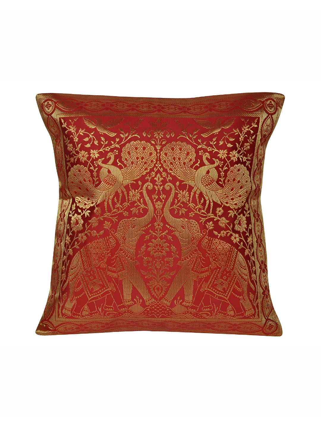 Lal Haveli Red Ethnic Motifs Silk Washable Square Cushion Covers - 16 x 16 In