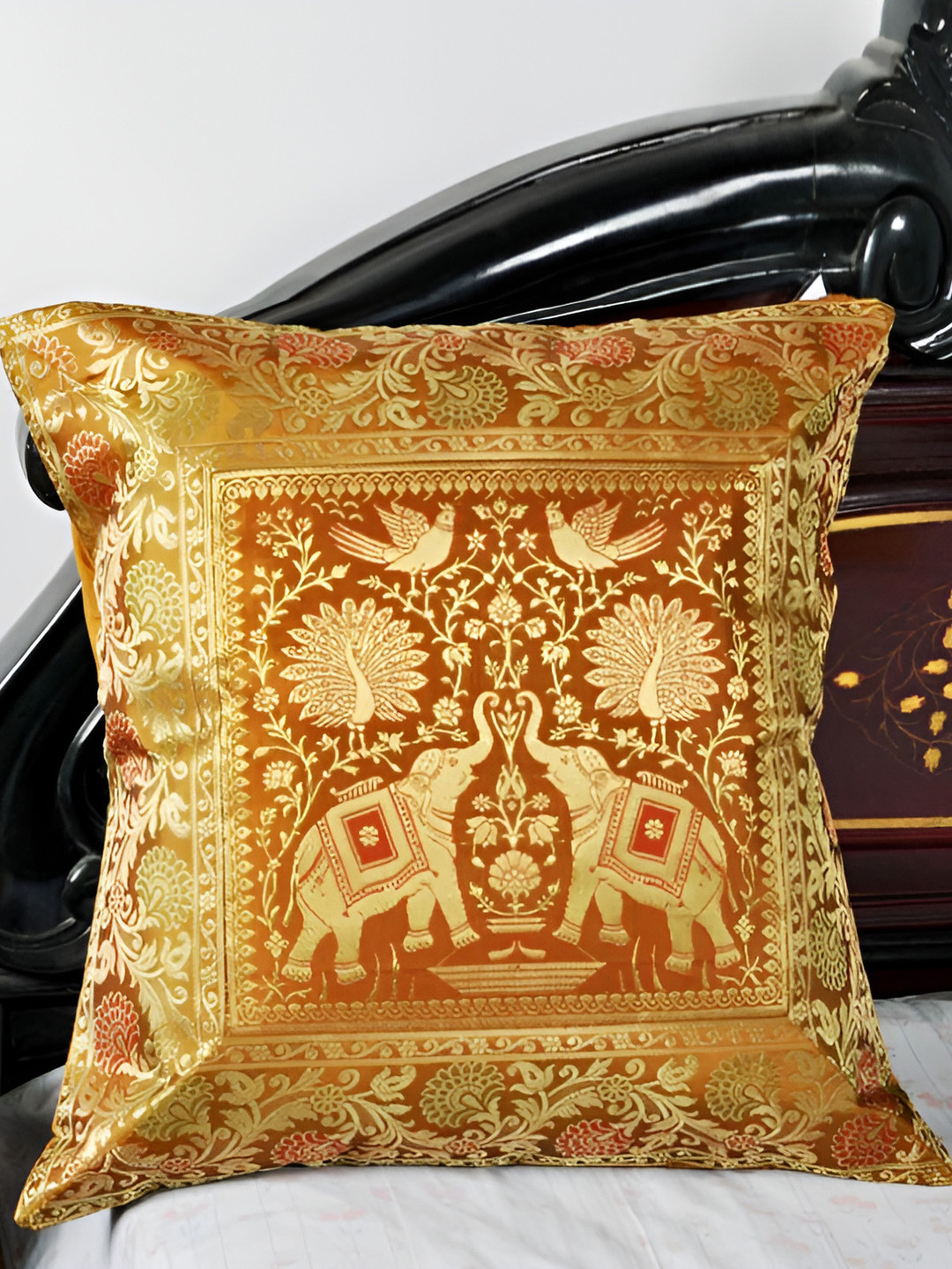 Lal Haveli Mustard & Gold Toned Ethnic Motif Silk Square Cushion Cover