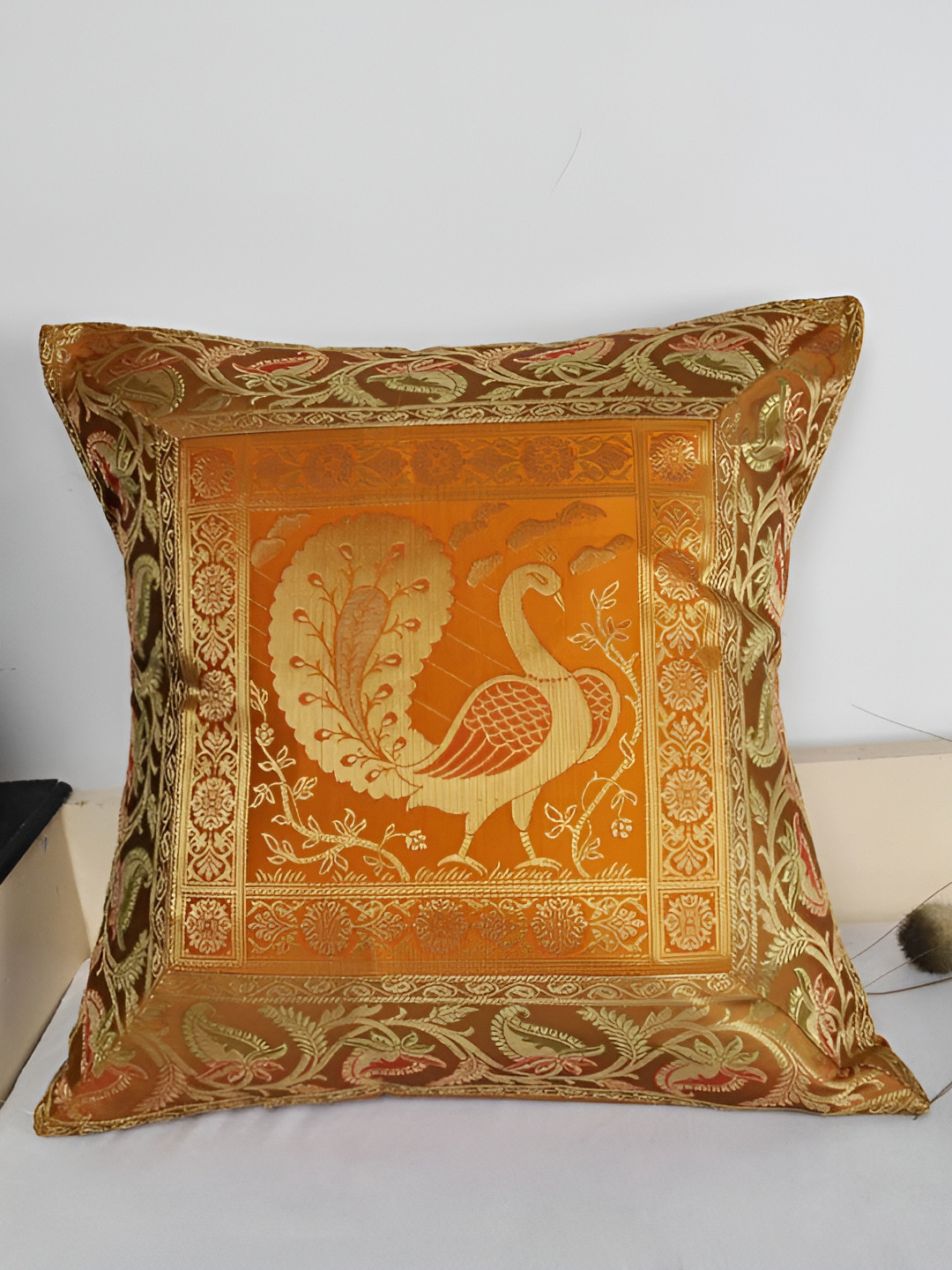 Lal Haveli Mustard & Gold Toned Peacock Motif Silk Square Cushion Cover