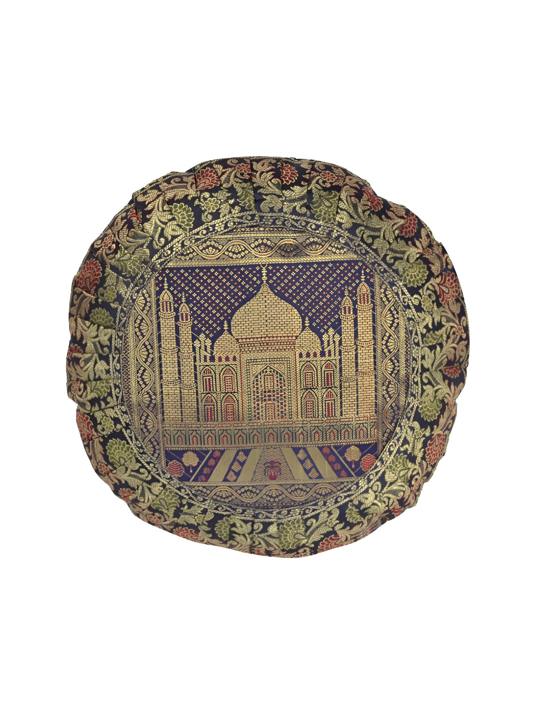 Lal Haveli Blue Ethnic Motifs Silk Washable Round Cushion Cover -16x16In