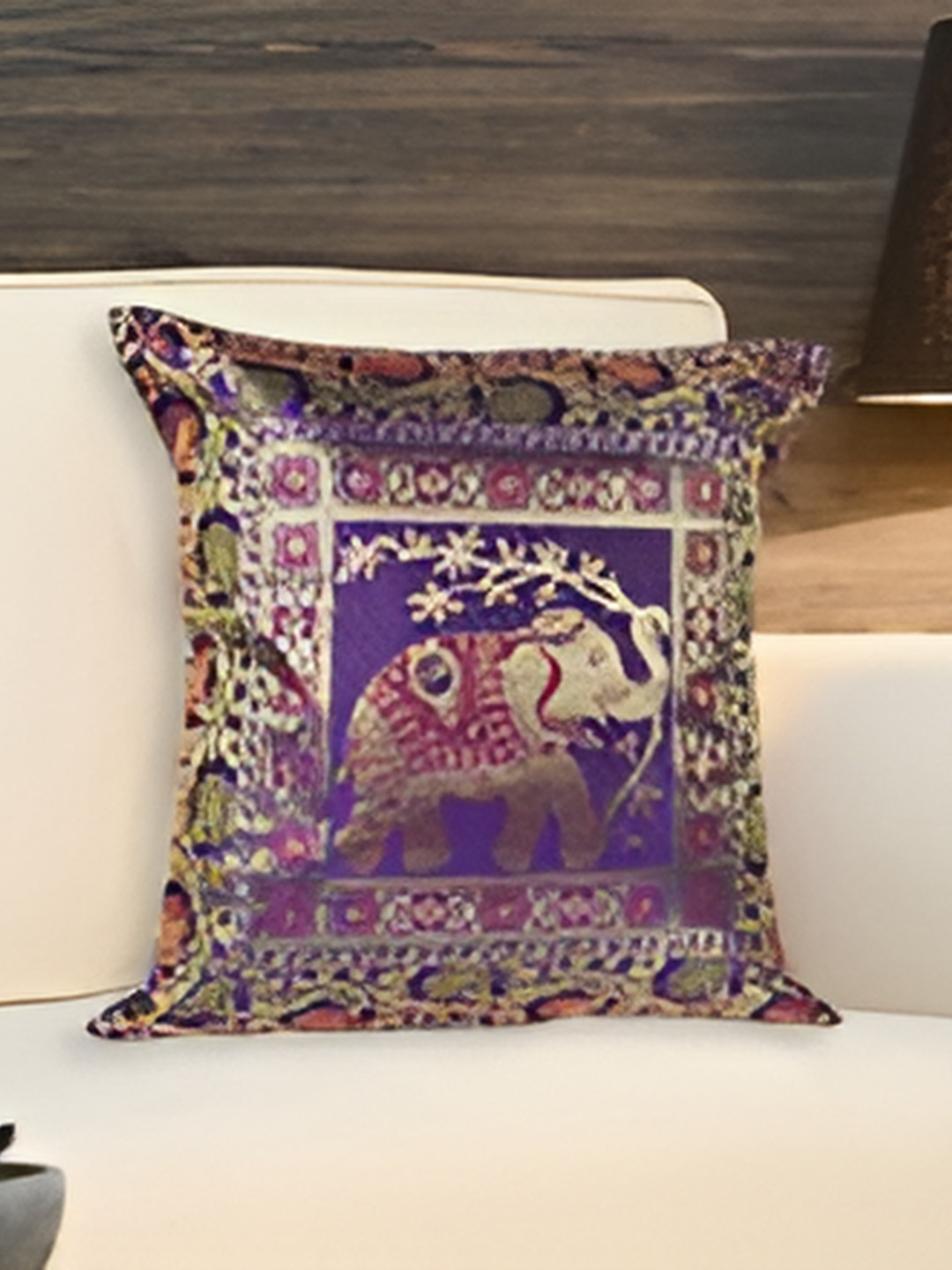 Lal Haveli Purple Ethnic Motifs Silk Washable Square Cushion Cover -16x16In