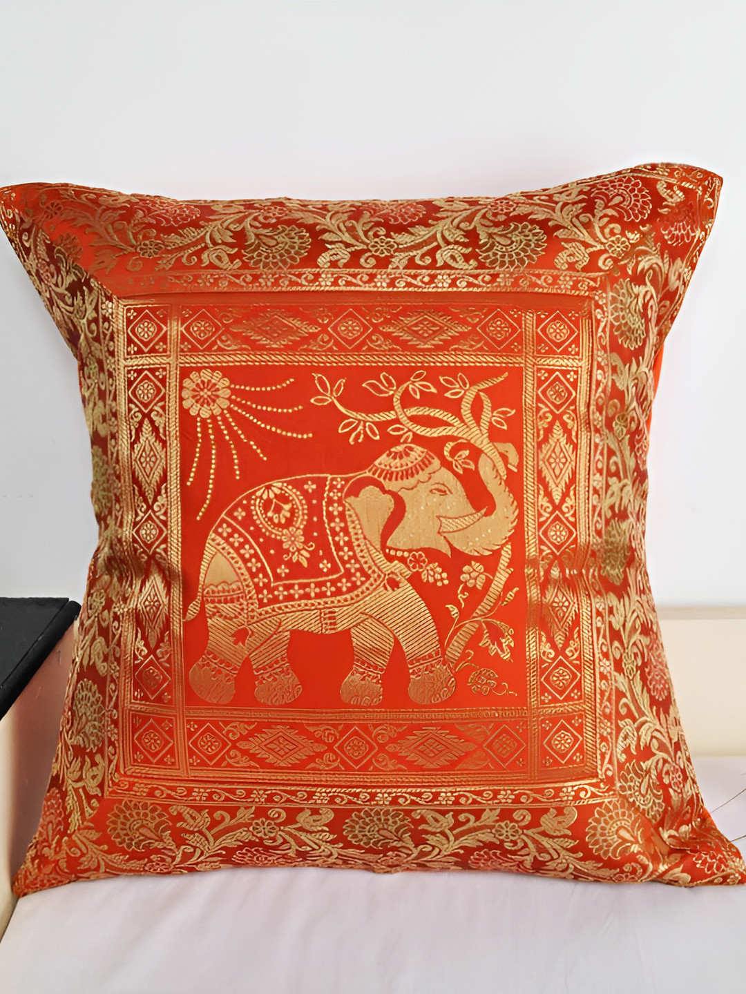 Lal Haveli Orange & Gold Toned Ethnic Motif Silk Round Cushion Cover