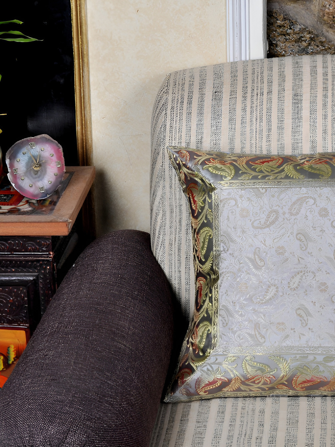 Lal Haveli Grey Paisley Silk Washable Square Cushion Cover - 16 x 16 Inches