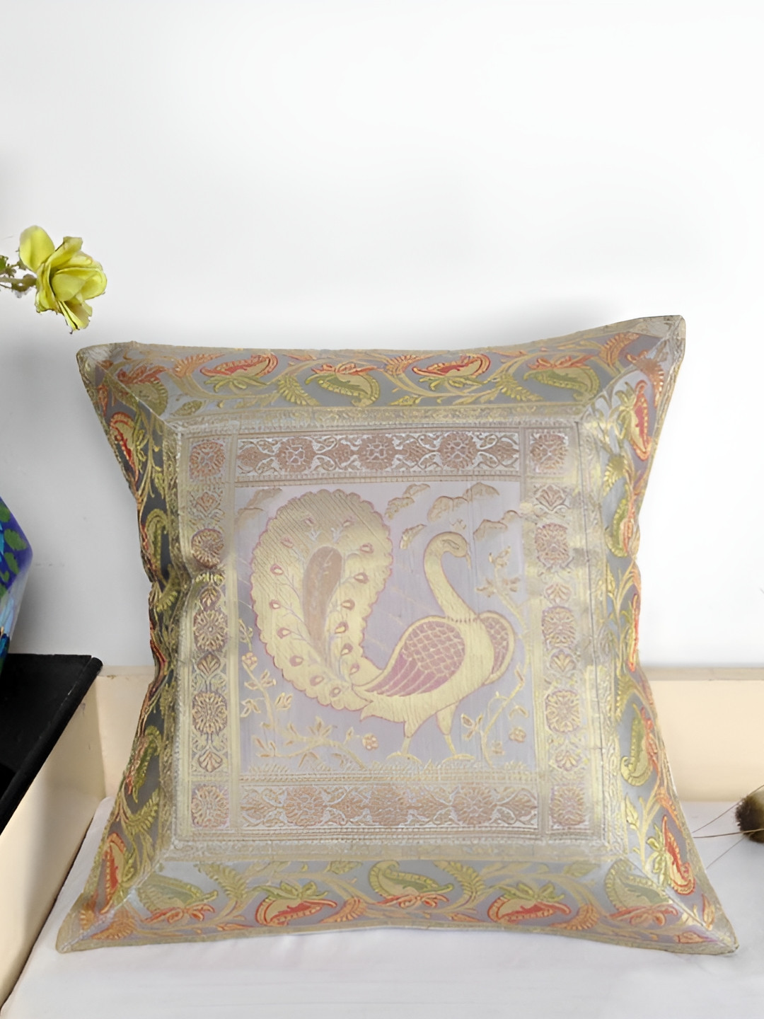 Lal Haveli Grey Ethnic Motifs Silk Durable Square Cushion Cover -16x16In