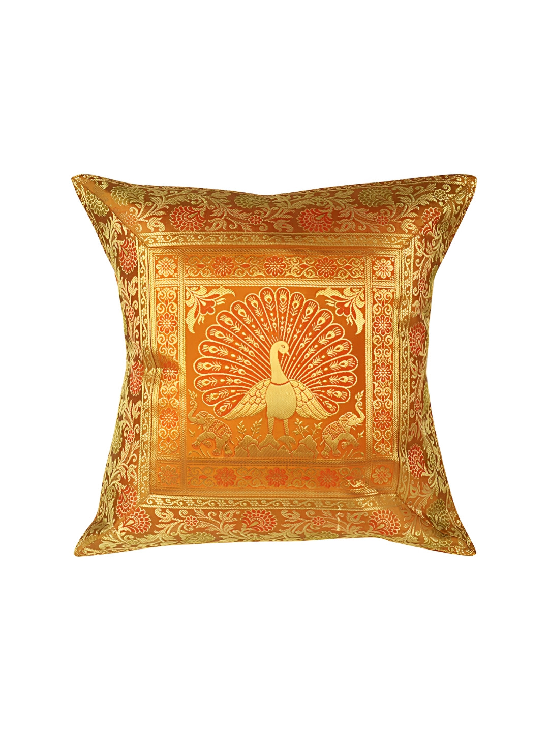 Lal Haveli Gold-Toned & Orange Floral Printed Square Cushion Cover
