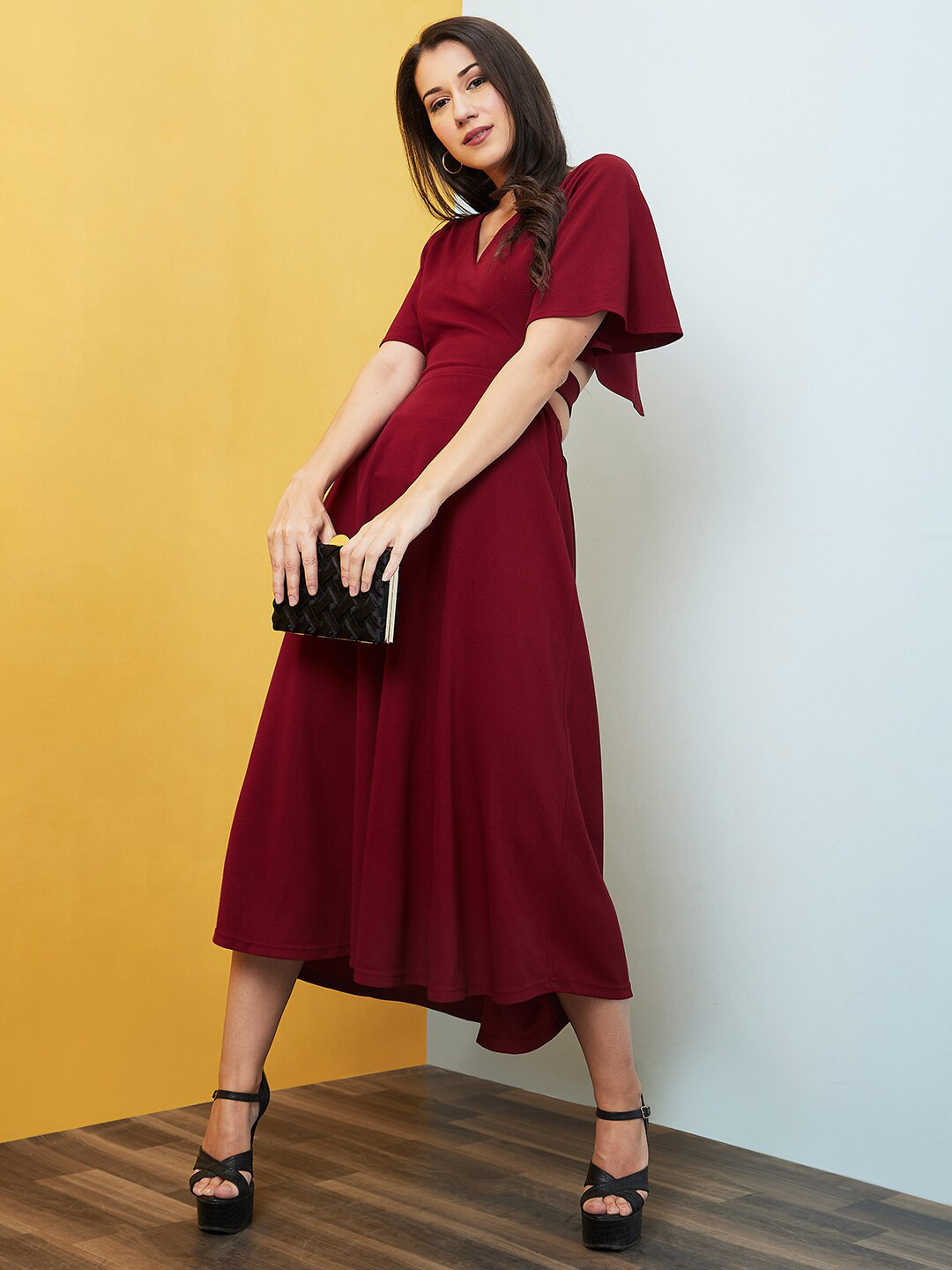 Globus Maroon Flared Sleeves Cut Out Fit & Flare Midi Dress