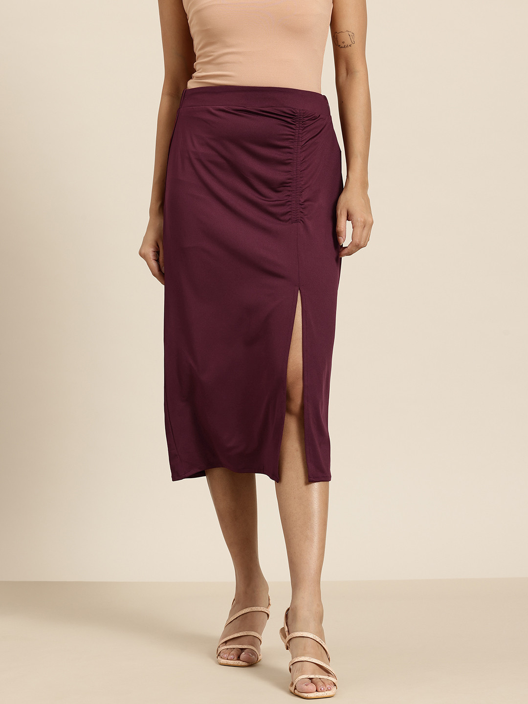 HERE&NOW Side Slit Ruched Straight Skirt
