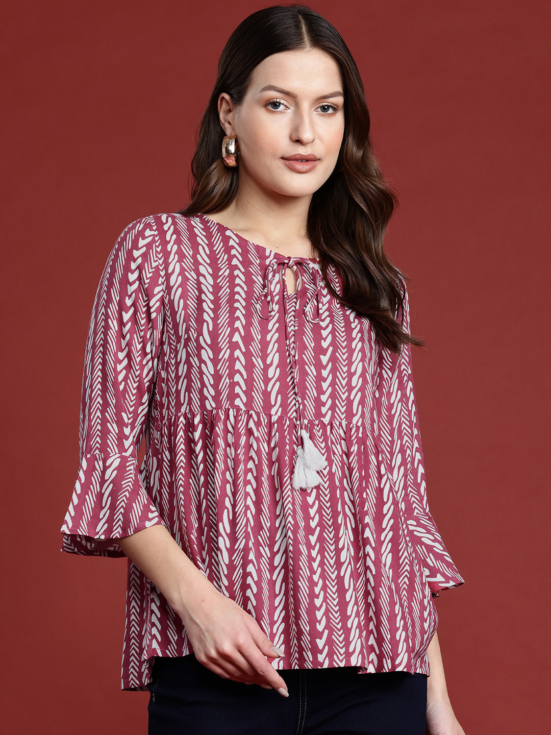 Routes by All About You Geometric Print Tie-Up Neck Bell Sleeves Top
