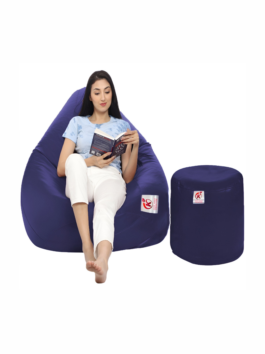 Coaster Shine Navy Blue 2 Pieces Teardrop Shaped Bean Bag Cover With Foot Stool