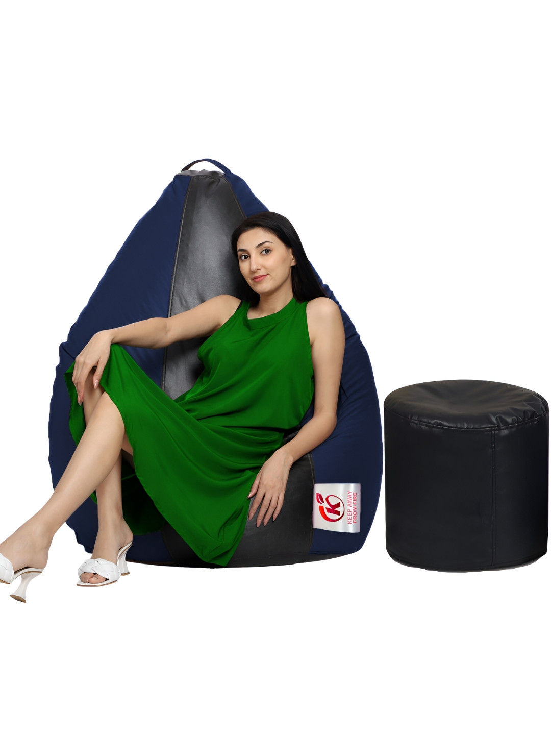 Coaster Shine Black & Navy Blue Colourblocked  Bean Bag Cover With Foot Stool