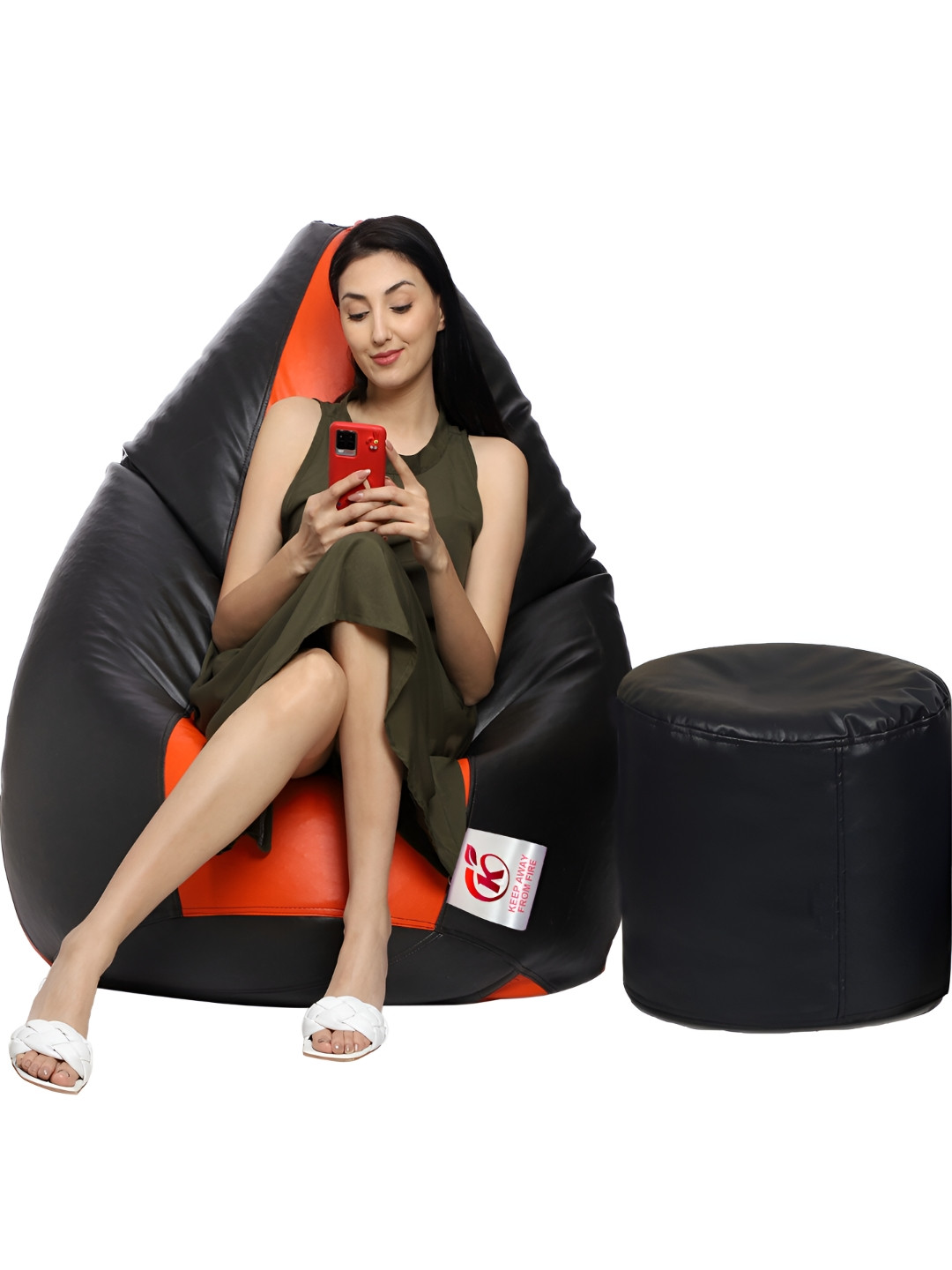 Coaster Shine Black & Orange-Coloured Colourblocked  Bean Bag Cover With Foot Stool