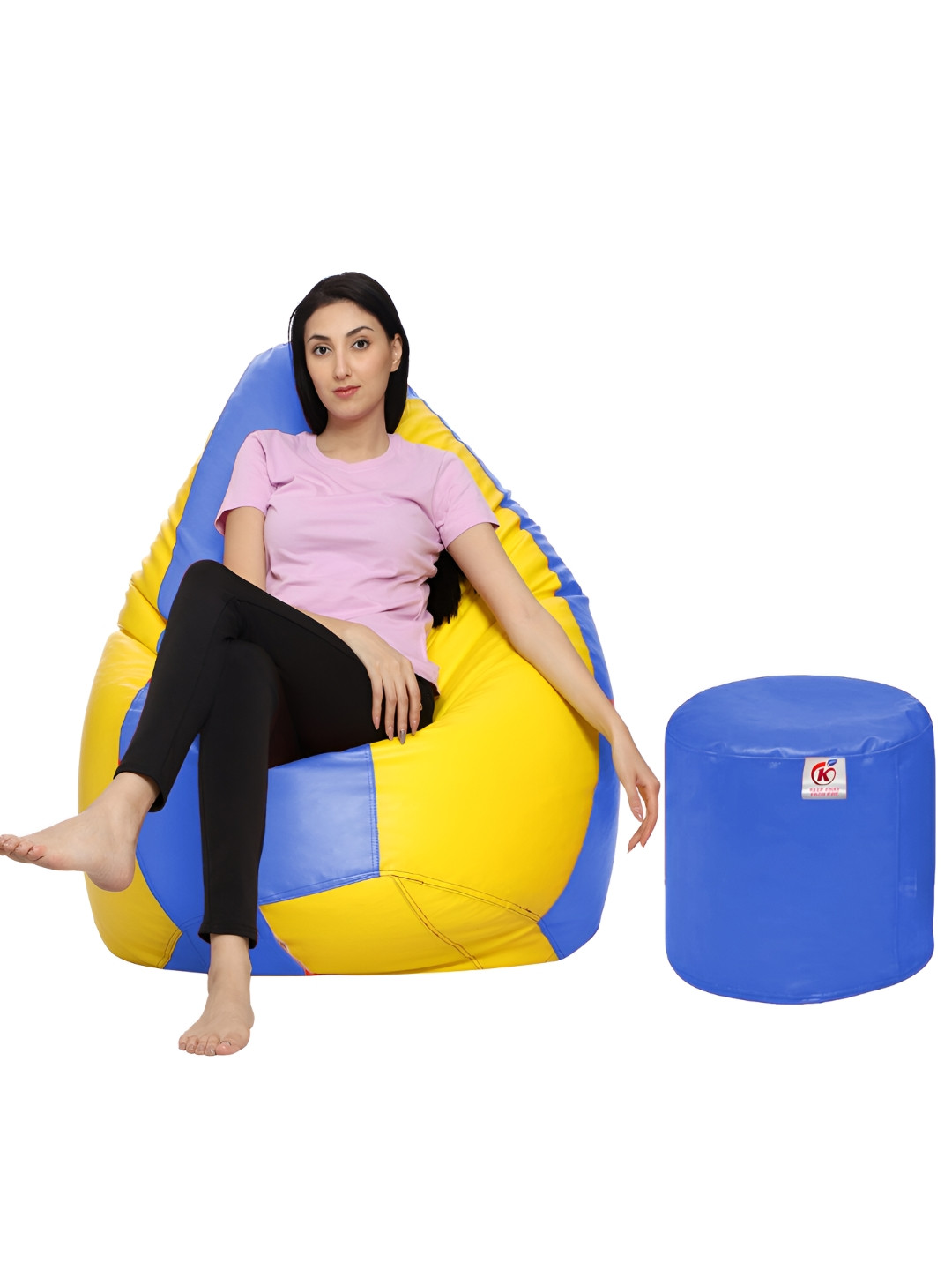 Coaster Shine Yellow & Blue Colourblocked  Bean Bag Cover With Foot Stool