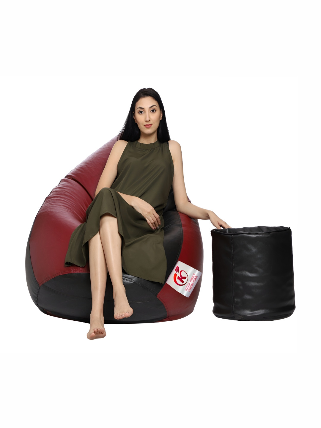 Coaster Shine Black & Maroon-Coloured Colourblocked  Bean Bag Cover With Foot Stool