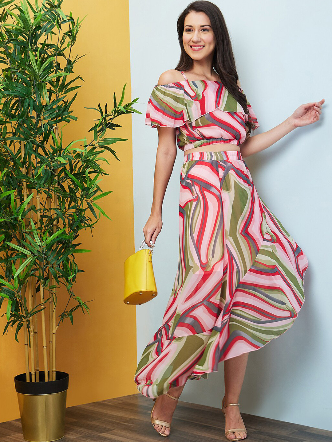 Globus Abstract Strappy Off Shoulder Crop Top With Ruffled Skirt Co-Ord Set