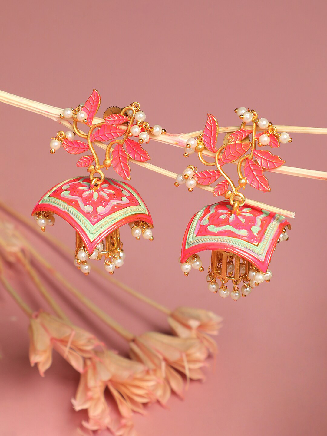 Anouk Red Gold Plated Stone Studded Contemporary Drop Earrings