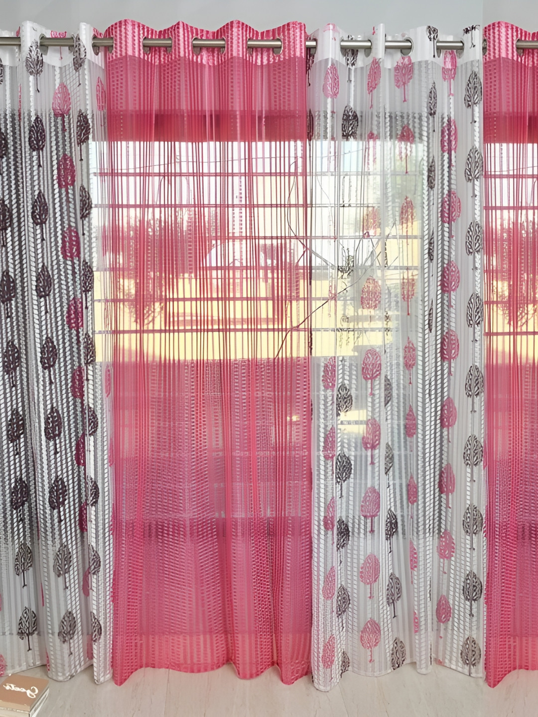 COMFY HOME Pink & White 4 Pieces Floral Sheer Window Curtains
