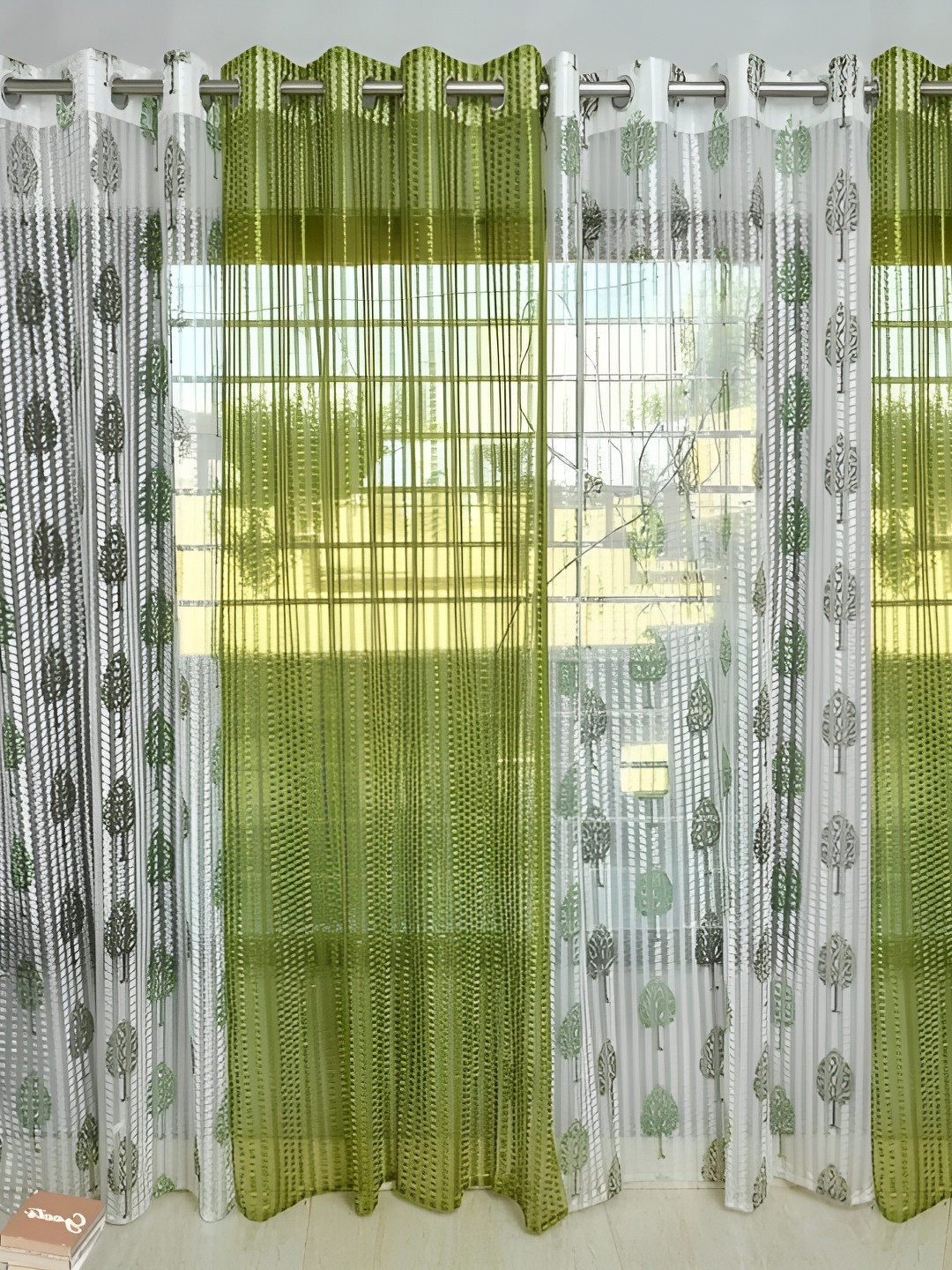 COMFY HOME Green Set of 2 Floral Sheer Window Core