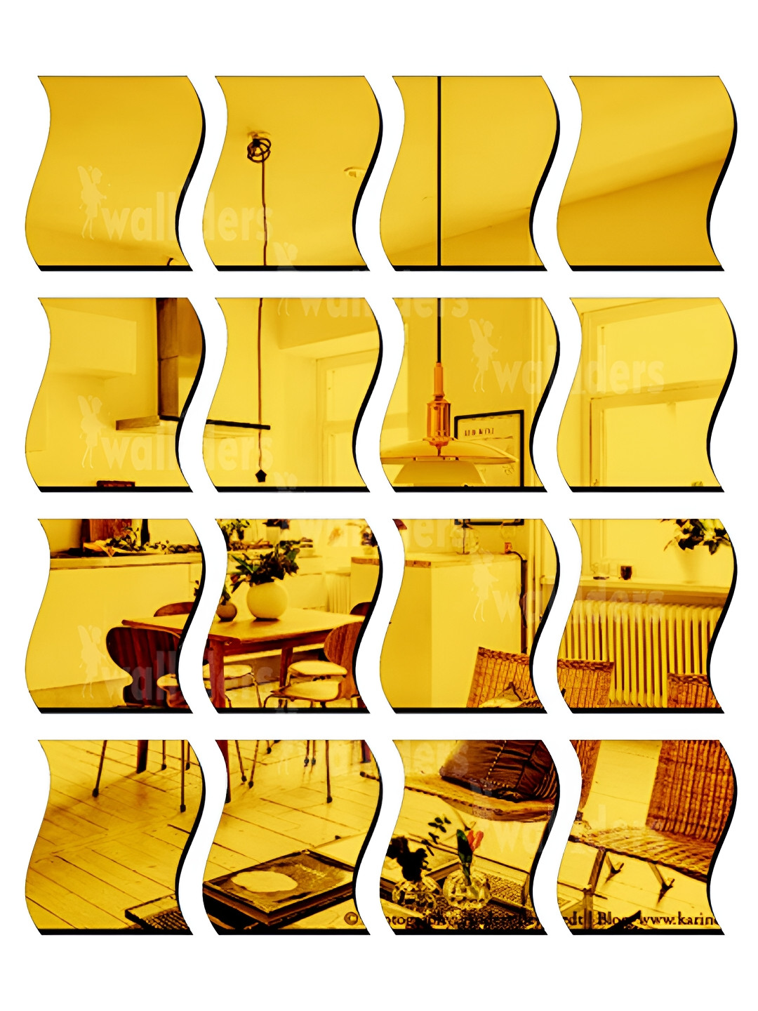 Wall1ders Gold toned 16Pcs Abstract Mirror Wave Wall Stickers